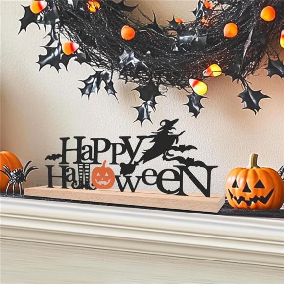 Happy Halloween Sign Rustic Table Decor, Metal & Wooden Desk Halloween Party - Picture 5 of 8